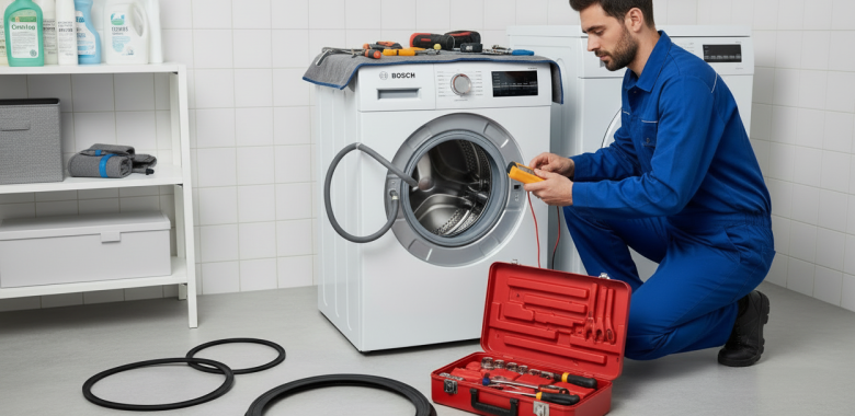Técnico reparando lavadora Bosch a domicilio en Tenerife con herramientas profesionales