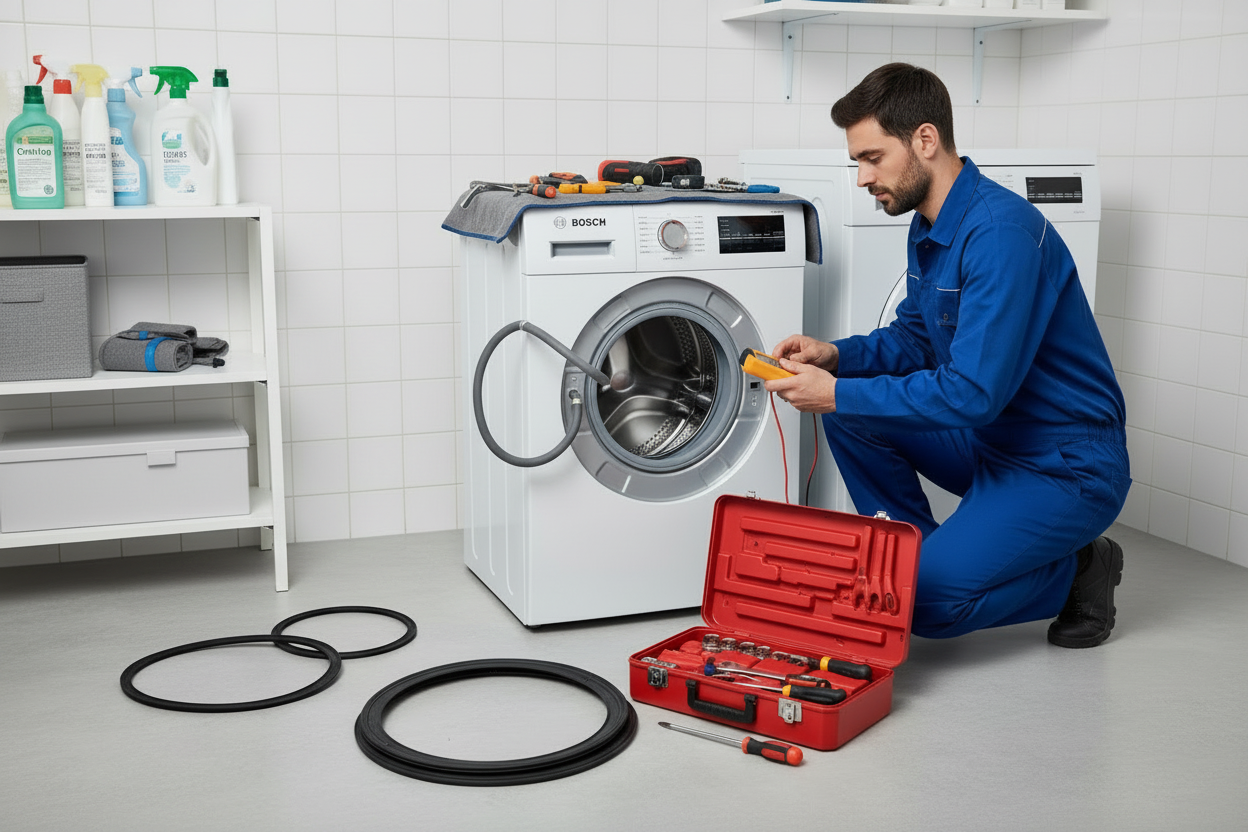 Técnico reparando lavadora Bosch a domicilio en Tenerife con herramientas profesionales